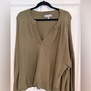 Marled Olive Ribbed Knit V-Neck Sweater